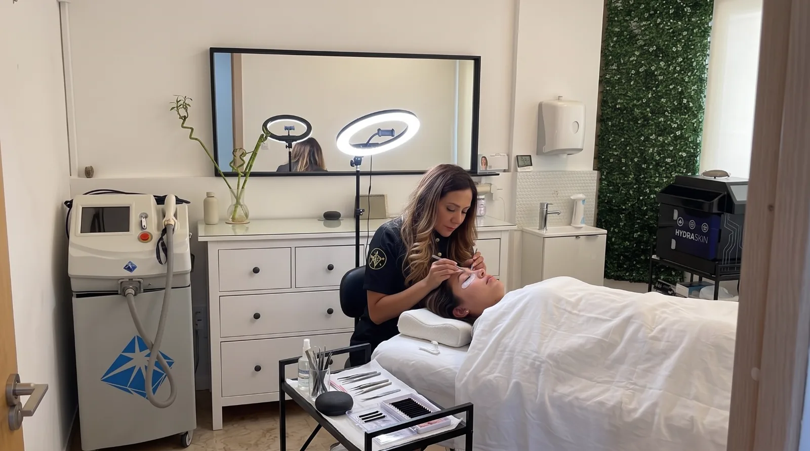 Mayerlin aplicando extensiones de pestañas a una clienta en la cabina de Mych
