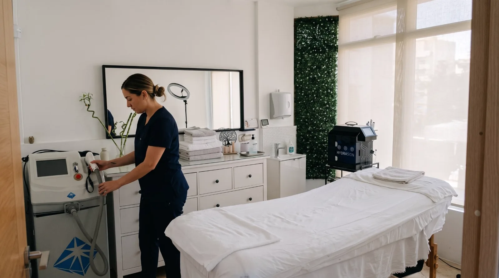 Esteticista preparando el equipo de depilación láser en la cabina de Mych